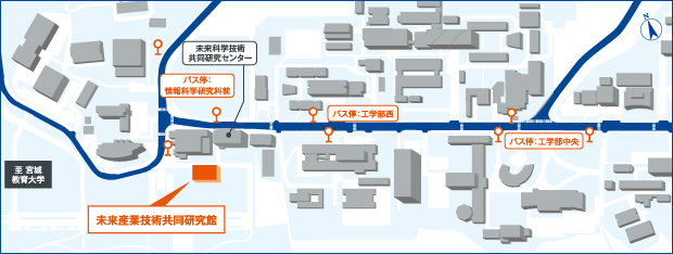 東北大学青葉山キャンパス内のマップ（キャンパス内バス停留所と未来科学技術共同研究センター